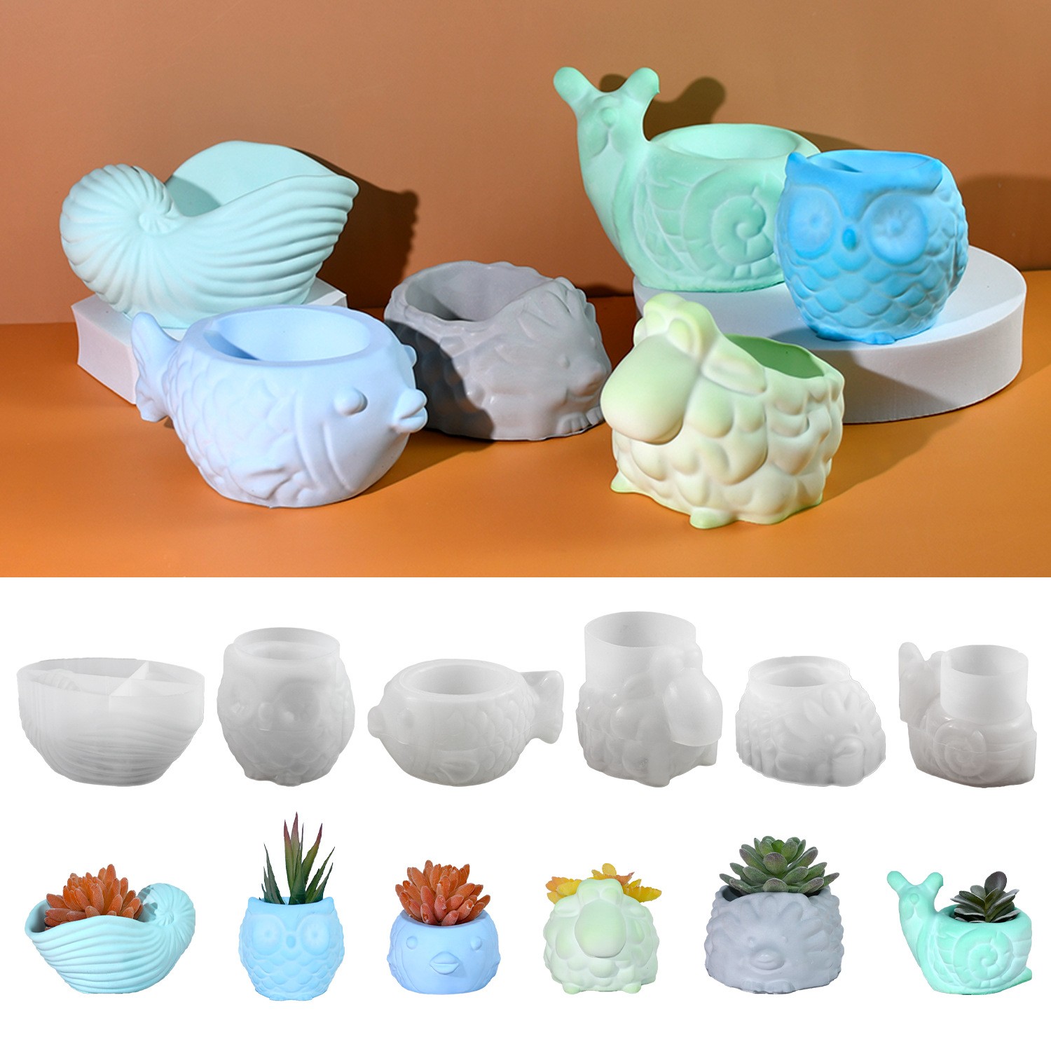 3D Printing Epoxy Resin - 3D สัตว์ดอกไม้หม้อแม่พิมพ์ซิลิโคน DIY Snail นกฮูก Conch