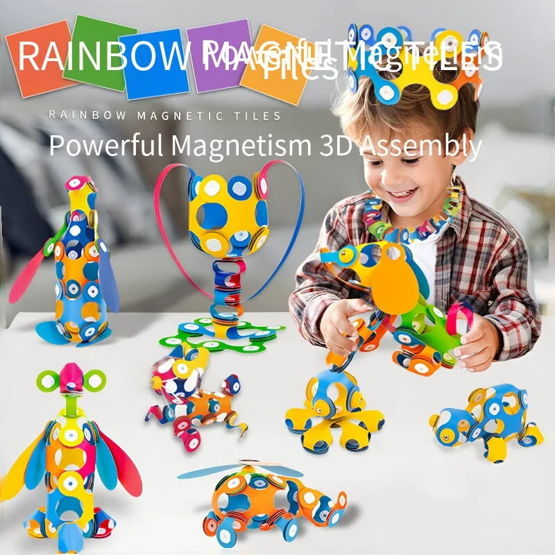 3D Printing Lego - ชุดแผ่นแม่เหล็กสีรุ้ง 48 ชิ้น บล็อกแม่เหล็กประกอบแบบสามมิติ สำหรับฝึกสมองด้วยการสร้างสรรค์ด้วยมือ ใช้ในสถานที่ในร่ม