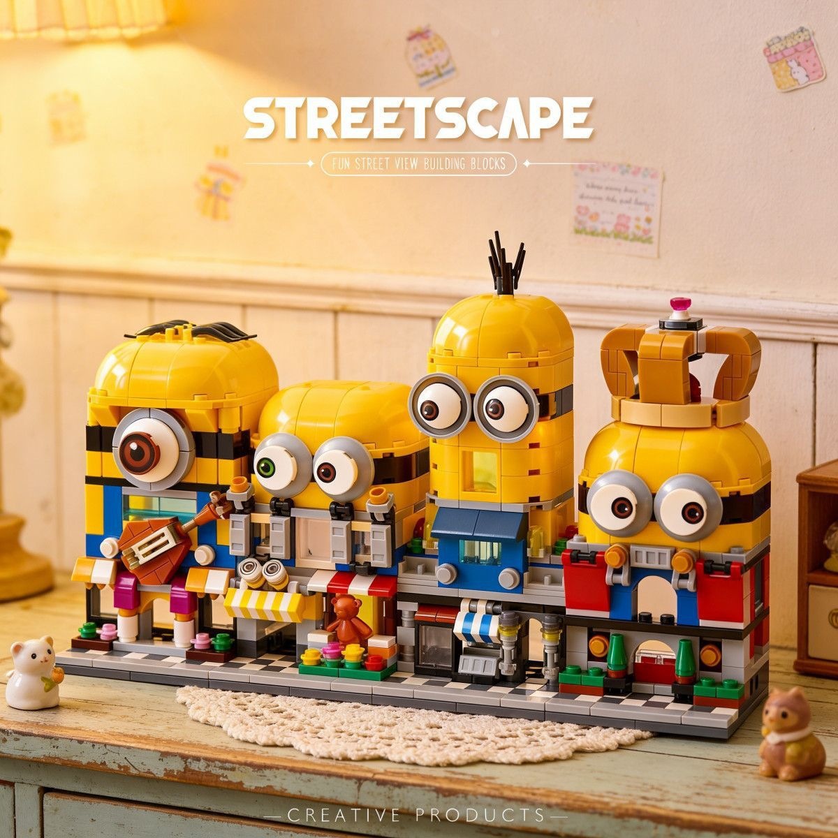 3D Printing Lego - ชุดตัวต่อบล็อก 4-in-1 ลายมินเนียนสตรีทวิว ของเล่นประกอบสำหรับเด็กชายและเด็กหญิง ของขวัญวันเกิดเด็กแบบสามมิติ