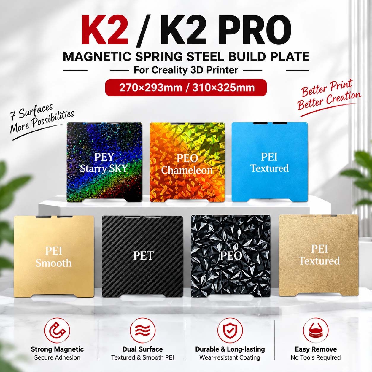Pei Sheet - แผ่นรองพิมพ์แม่เหล็กสปริงสตีล Creality K2/K2 Pro ขนาด 270293/310325